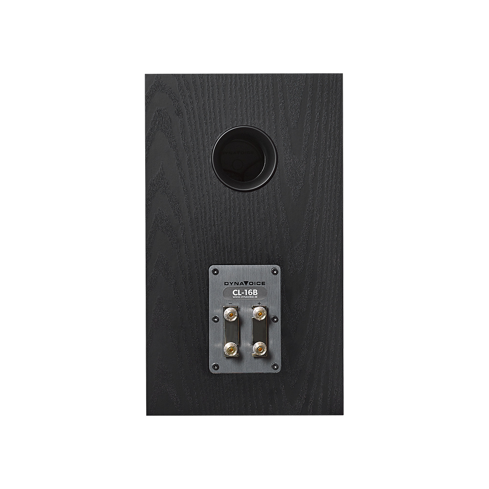 Stativhögtalare i svart med anslutningar och port bak.