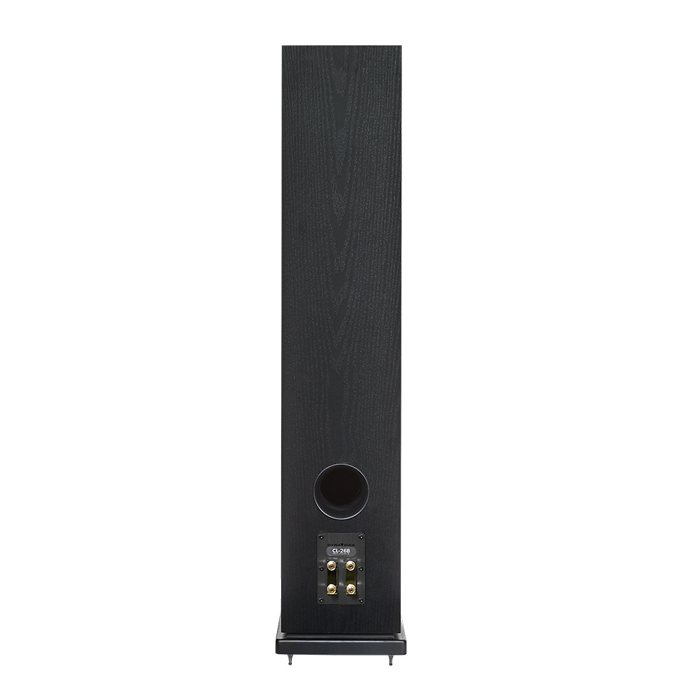 Golvhögtalare i svart med bakåtriktad basport och anslutningsuttag.