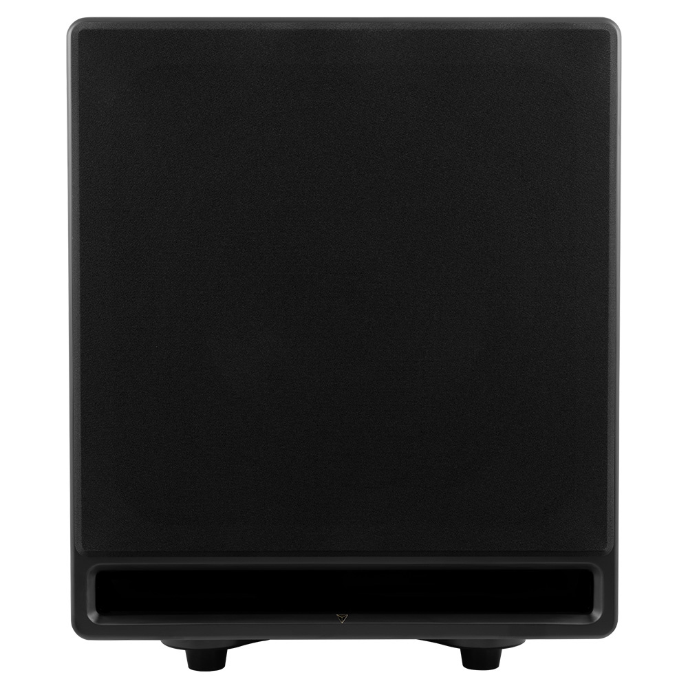 Svart aktiv subwoofer med lågprofilsdesign och frontgrill.