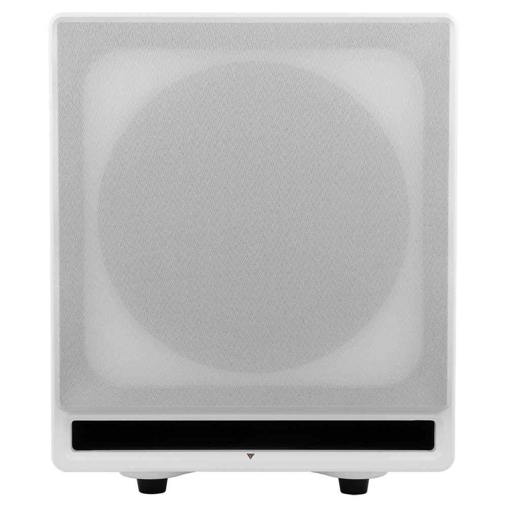 Aktiv subwoofer i vit färg med hexagonalt mönster och svart basport.