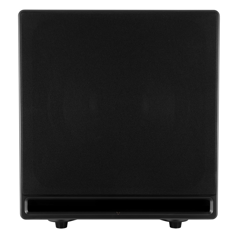 En svart aktiv subwoofer med en ren, minimalistisk design.
