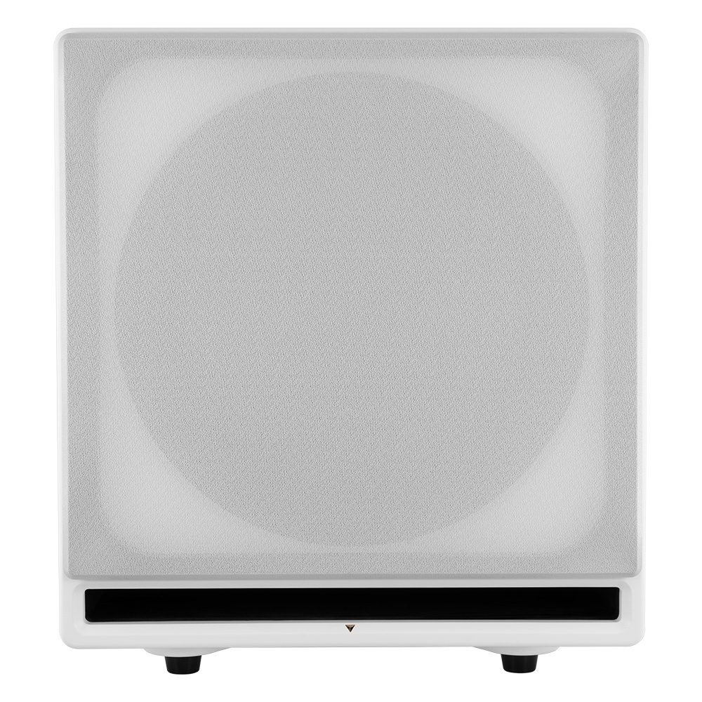 Aktiv subwoofer i vitt med en rund högtalargaller. Stilren design.