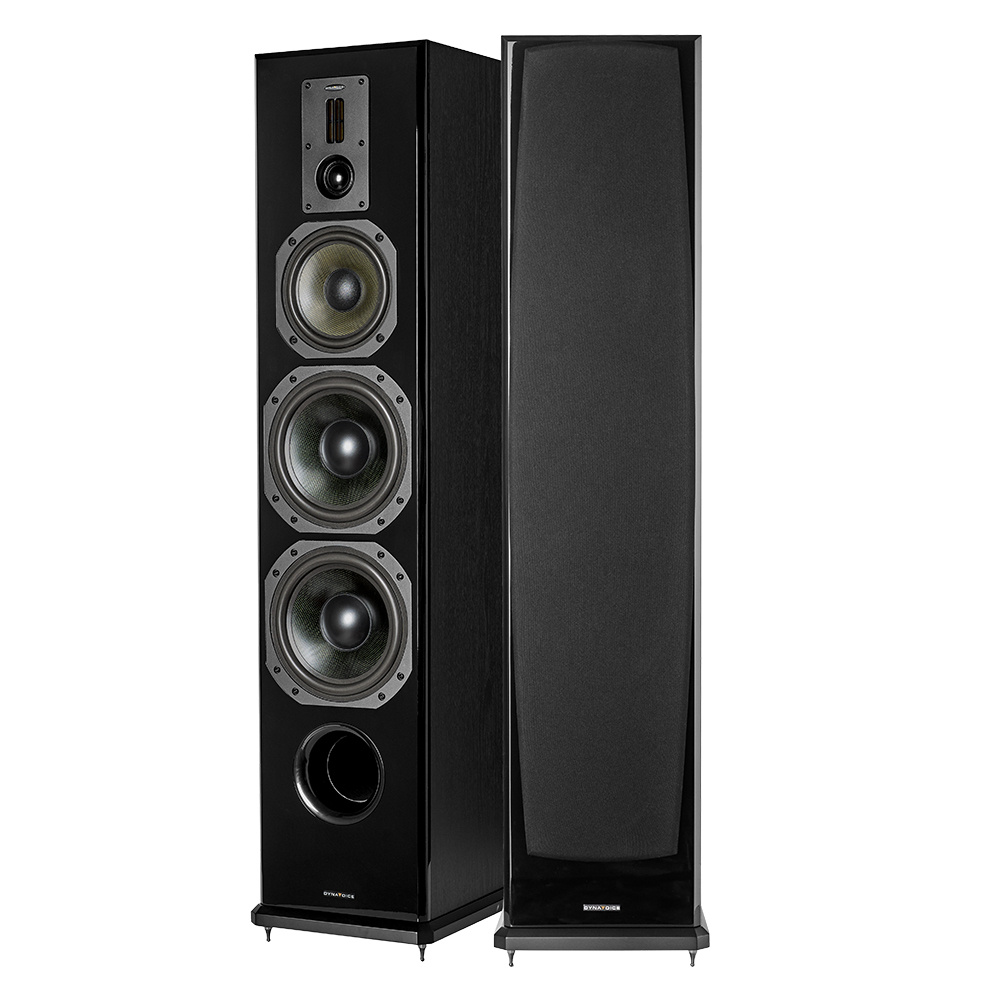 Svarta golvhögtalare med fleralementdesign och slank profil.