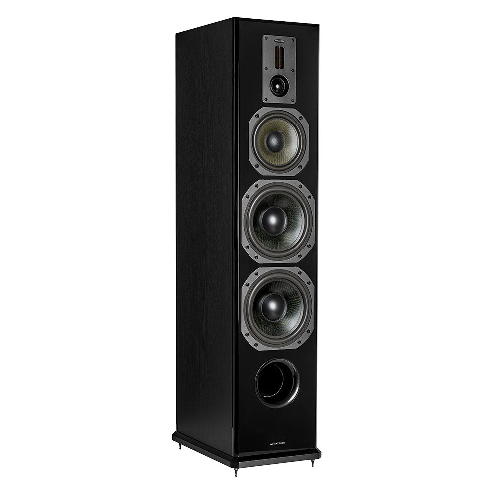 Golvhögtalare med tre element och elegant svart finish.