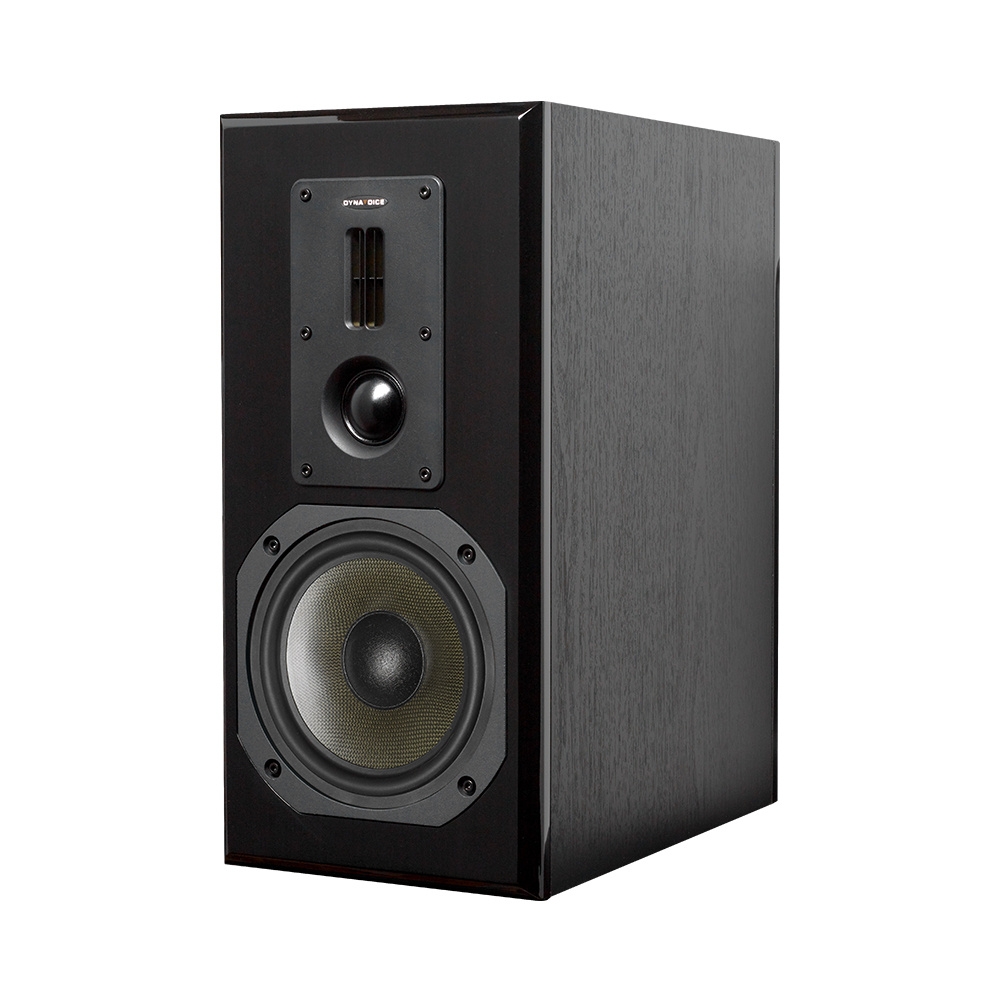 Svart stativhögtalare med två högtalarelement och elegant design.