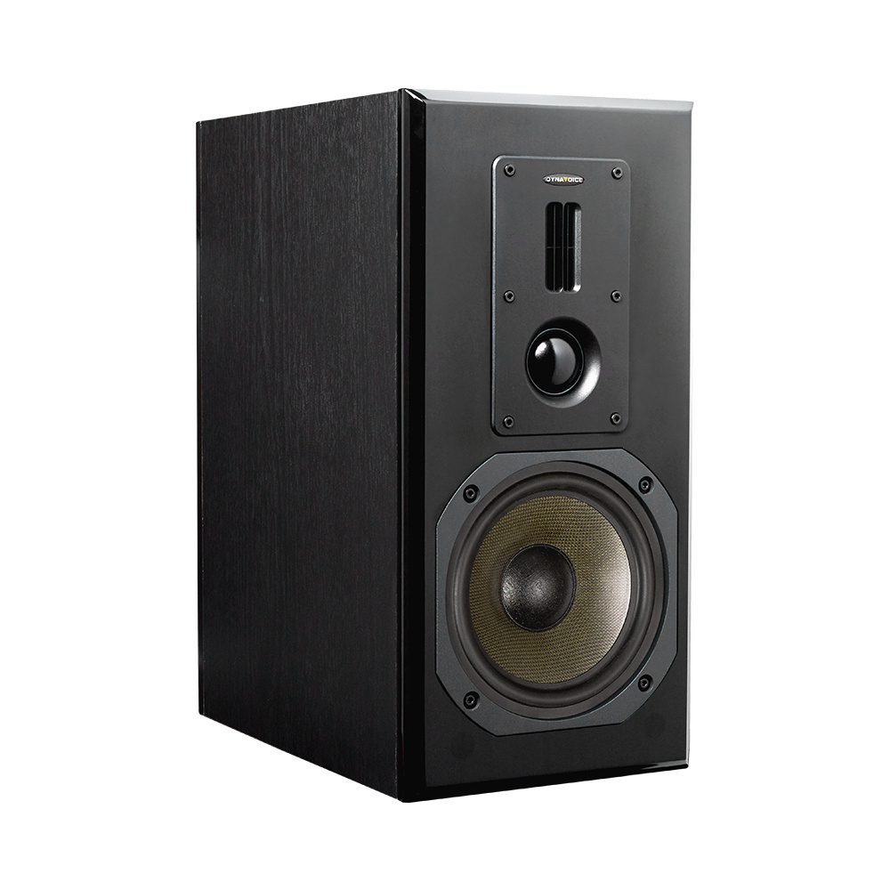 Svart stativhögtalare med en stor bas och diskantelement. Elegant design.