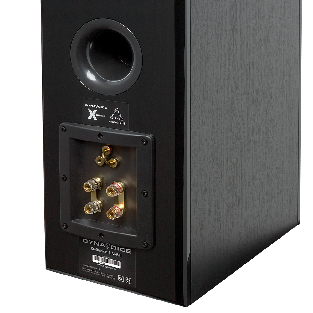 Svart stativhögtalare med anslutningsuttag och reflexport.