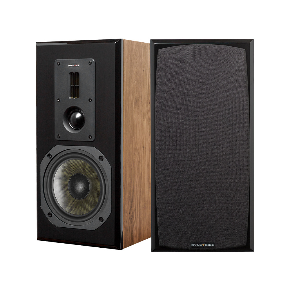 Stativhögtalare med ekfinish och svart front, stilren och elegant design.
