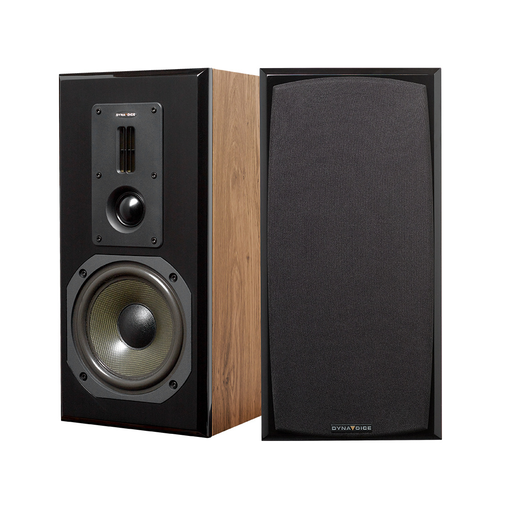 Stativhögtalare med träfinish och svart framsida.