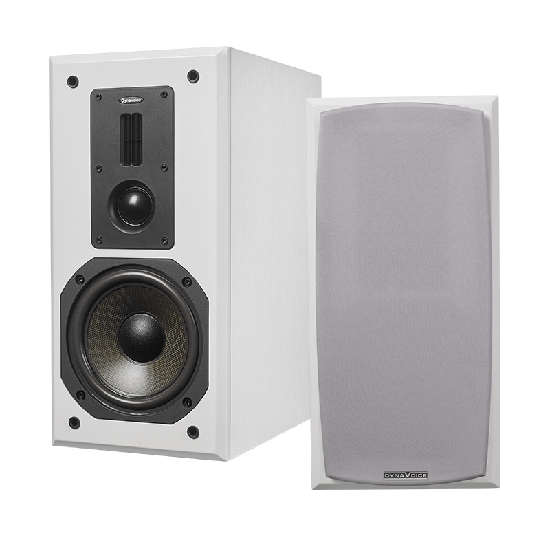 Ett par vita stativhögtalare med svart front.