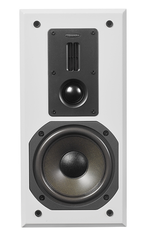 Stativhögtalare i vitt, med en diskant och en bashögtalare.