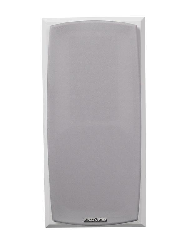 Vita stativhögtalare med grå frontgrill, modern design.