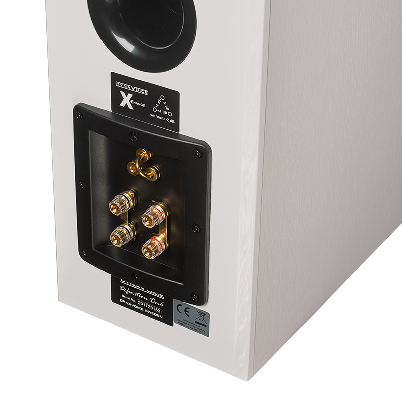 Stativhögtalare i vitt med anslutningar på baksidan.