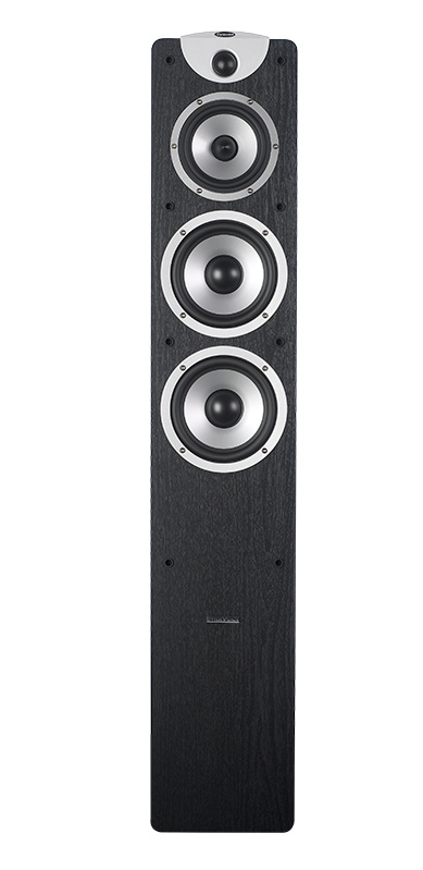 Golvhögtalare med tre element i svart ask, modern och stilren design.