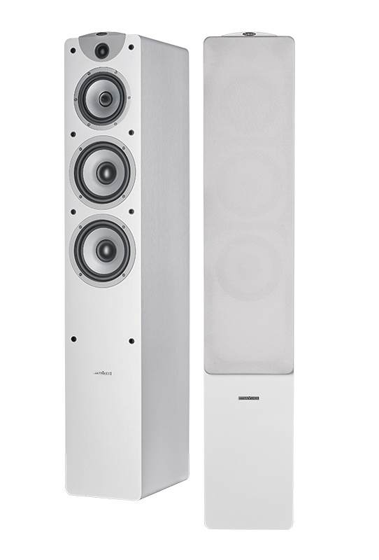 Golvhögtalare med tre element, vit ekfinish, modern design.