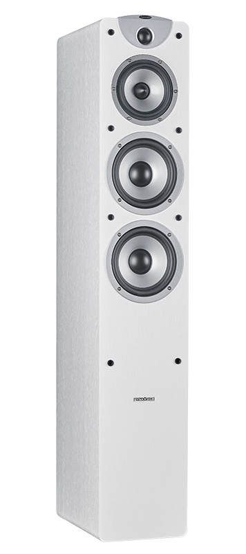 En vit golvhögtalare med tre högtalarelement.