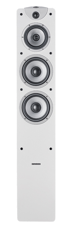 Golvhögtalare i vit ek med tre ljudelement och elegant design.