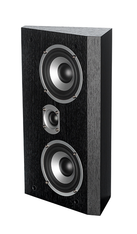 Vägghögtalare med två basar och en diskant i svart ask.