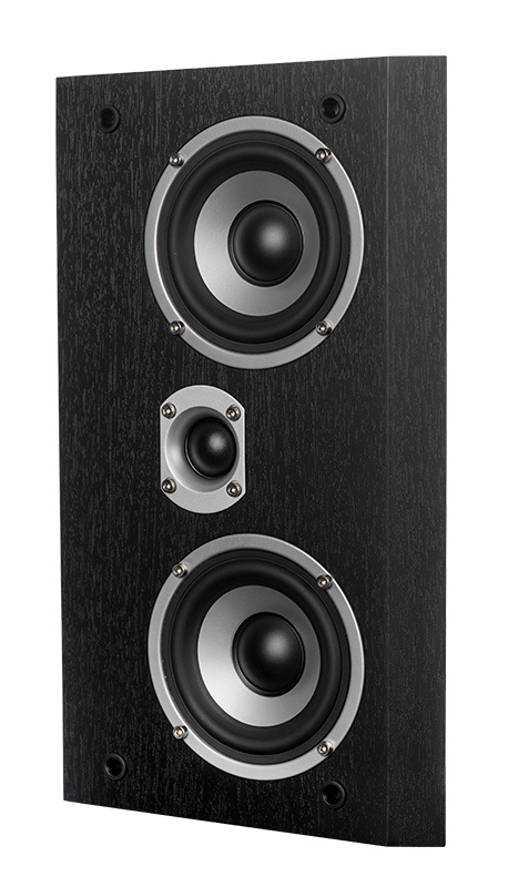 Vägghögtalare i svart ask med två basar och en diskant.