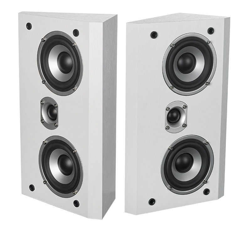 Vägghögtalare i vit ek med två basar och en diskant.