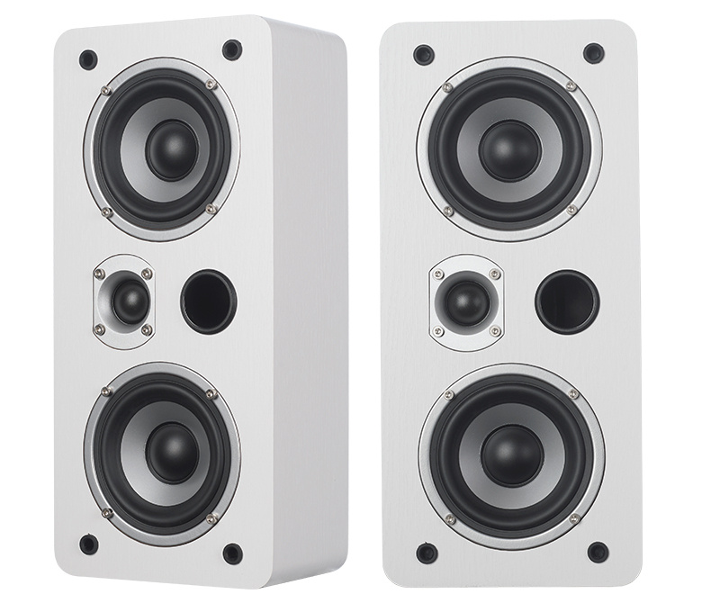 Vägghögtalare i vit ek med två basar och en diskant per enhet.