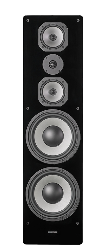 Golvhögtalare med flera högtalarelement i svart finish.