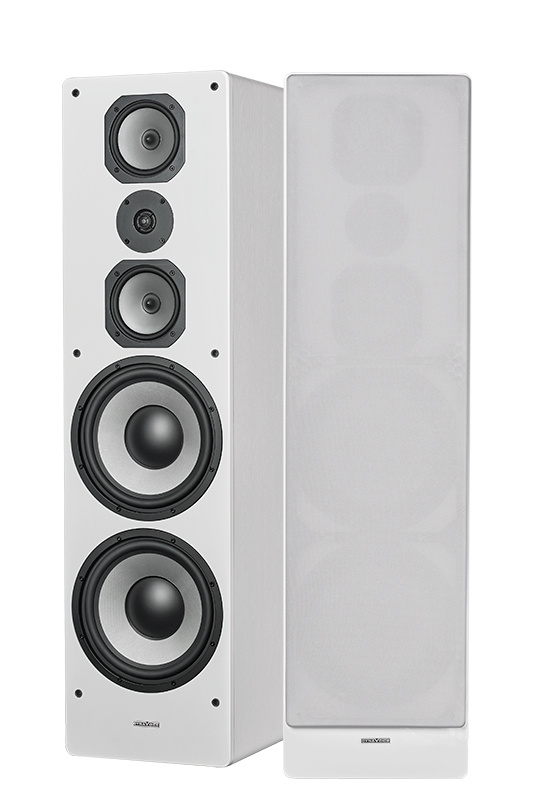 Golvhögtalare i vit finish med två stora basar och tre element för ljudåtergivning.