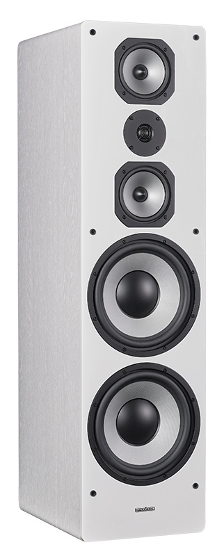 Golvhögtalare i vit finish med tre drivare och robust design.
