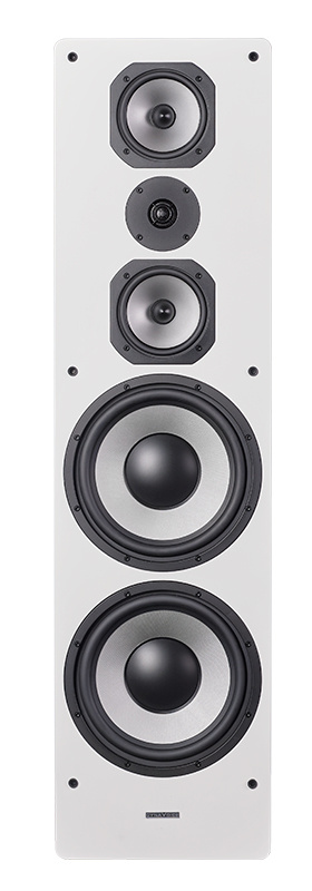 Vit golvhögtalare med flera högtalarelement i en modern design.