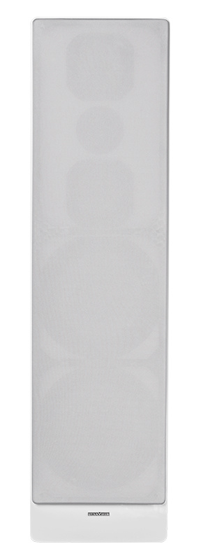 Golvhögtalare i vit färg med flera element. Elegant och modern design.