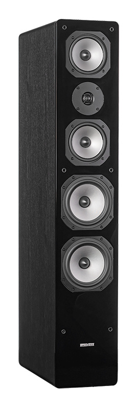 Svart golvhögtalare med fyra element och en modern design.