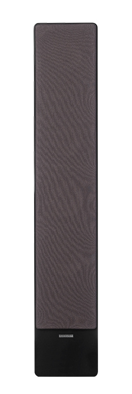 Svart golvhögtalare med stilren design och mörkt frontgaller.