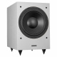 Dynavoice Magic MW10 subwoofer, vit Vit subwoofer med rund högtalare och tre ben.