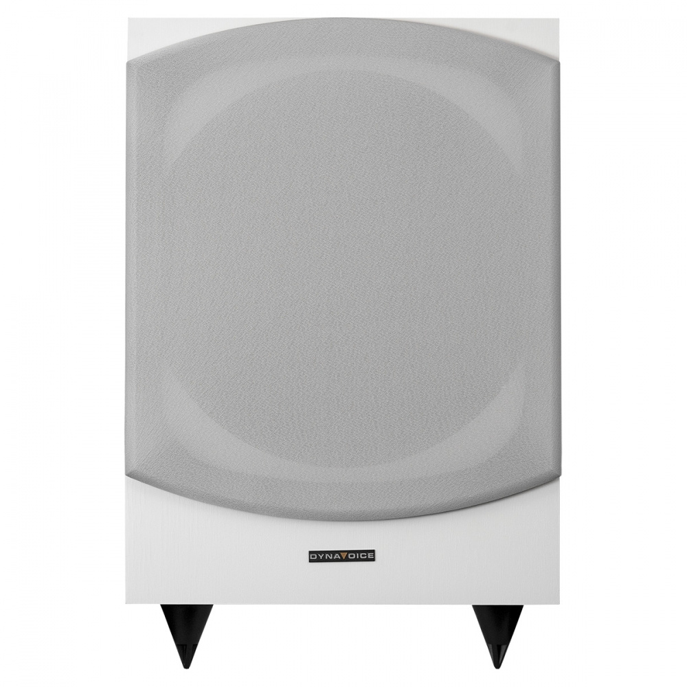 En vit subwoofer med grå frontgaller och svarta fötter.