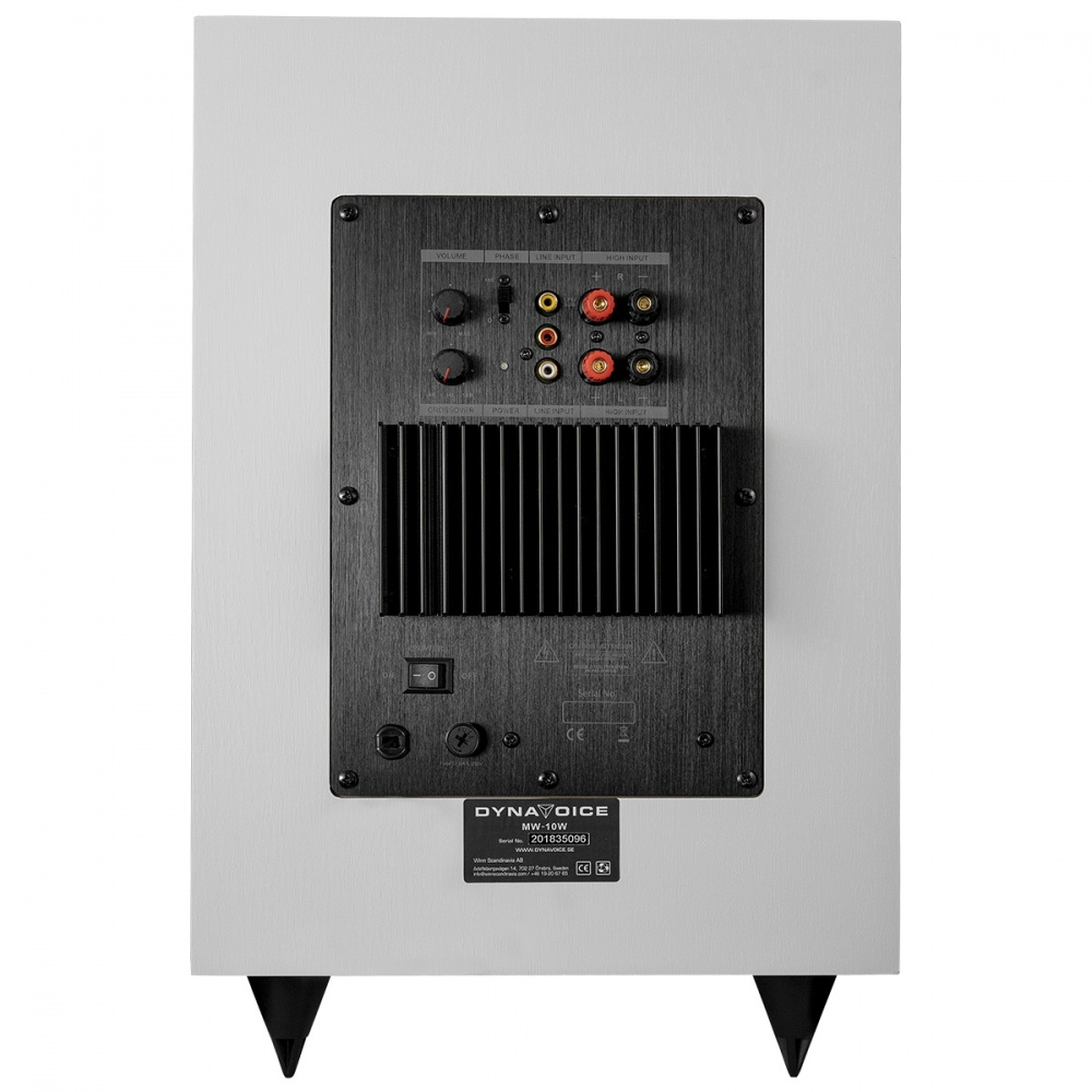 Baksidan av en vit subwoofer med anslutningar och ventiler.