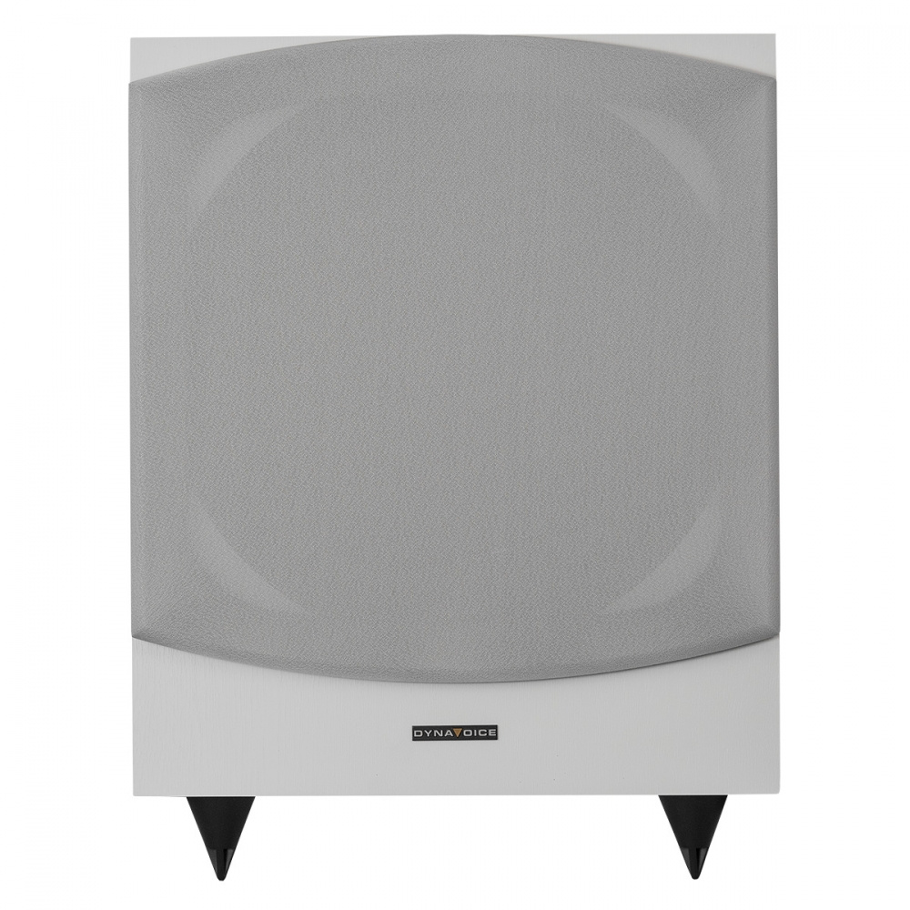 Vit subwoofer med svart märkning och tre ben. Grå frontgaller.