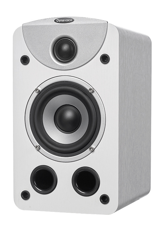 Stativhögtalare i vit ek med en elegant design och två ljudenheter.