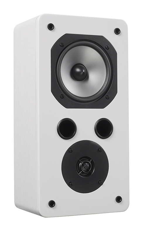 Vägghögtalare i vitt med två högtalare och två basreflexer.