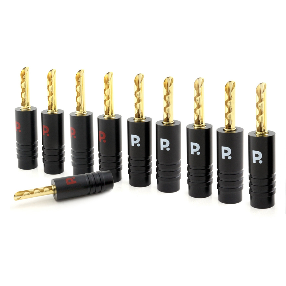 Tio banankontakter i metall, svarta med guldbeläggning.