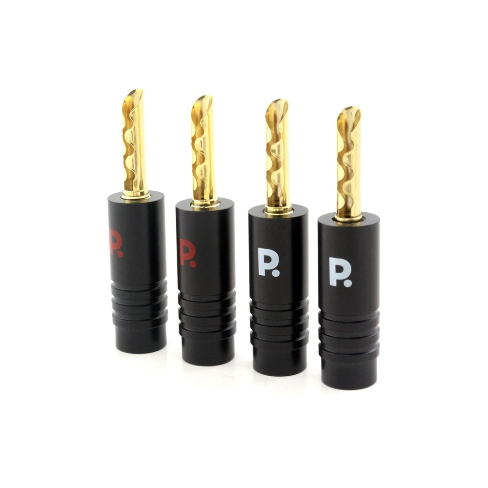 Fyra banankontakter med metallhölje, guldfärgade spetsar och olika färgmärkningar.