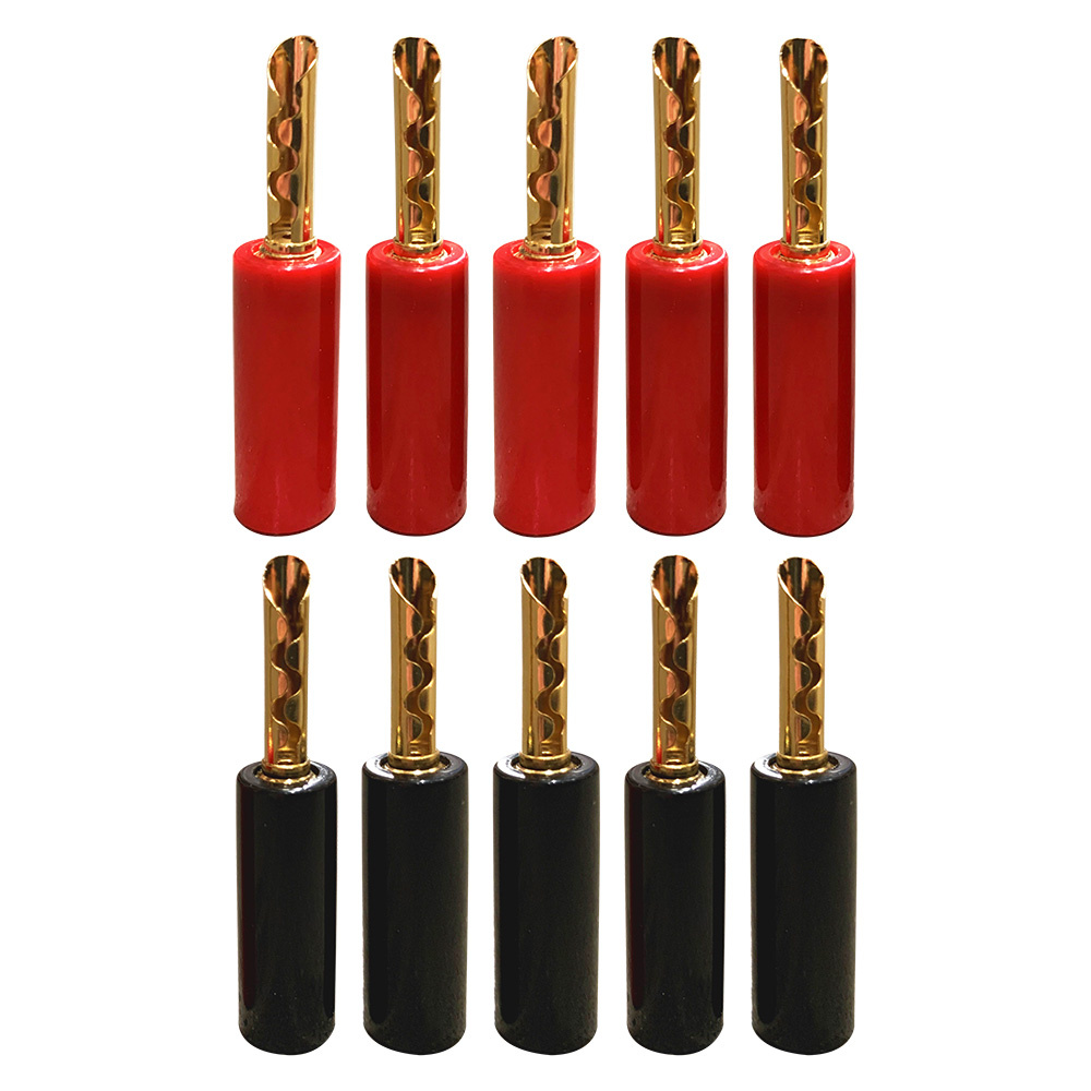 Banankontakter i rött och svart plast, 10-pack, med guldpläterade kontakter.