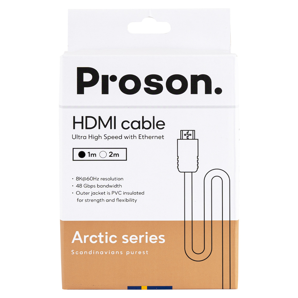 En vit förpackning med information om Proson HDMI-kabel, 8K/4K, 1 meter.