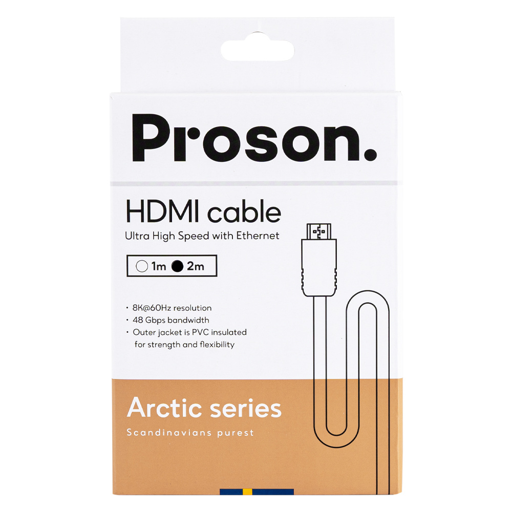 Proson Arctic HDMI-kabel, 2 meter, stödjer 8K/4K och har hög hastighet med Ethernet.