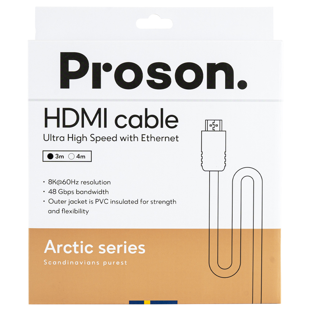 HDMI-kabel Proson Arctic, 3 meter, 8K/4K, hög hastighet med Ethernet.