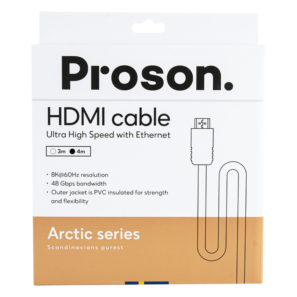 Proson Arctic HDMI-kabel 8K/4K, 4 meter, med hög hastighet och ethernet.