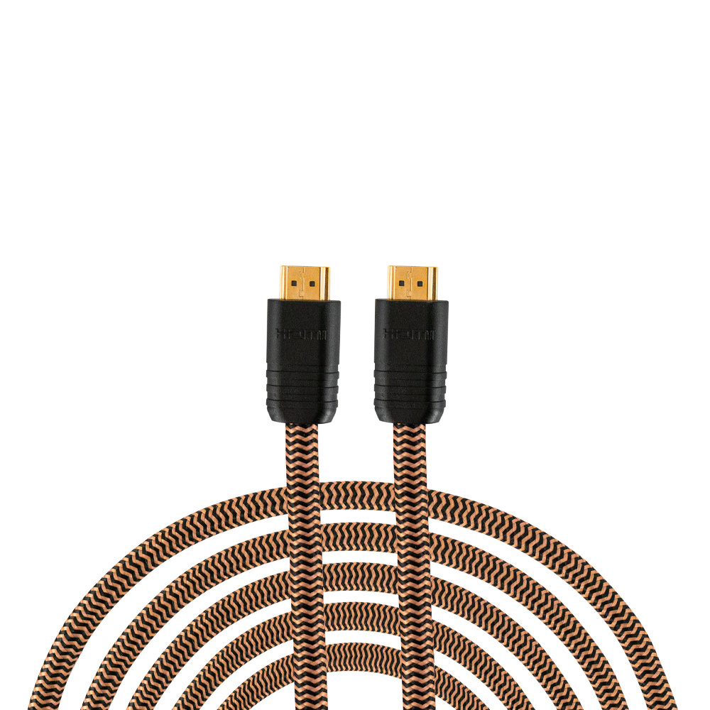 HDMI-kabel i 5 meter med guldpläterade kontakter och vävd svart och brun design.