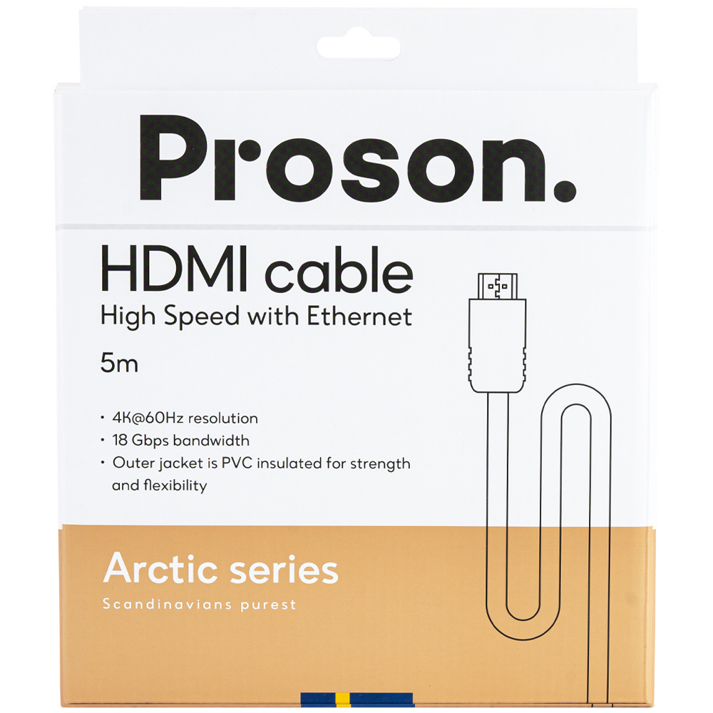 Förpackning av Proson Arctic HDMI-kabel, 4K, 5 meter med tydlig specifikation.