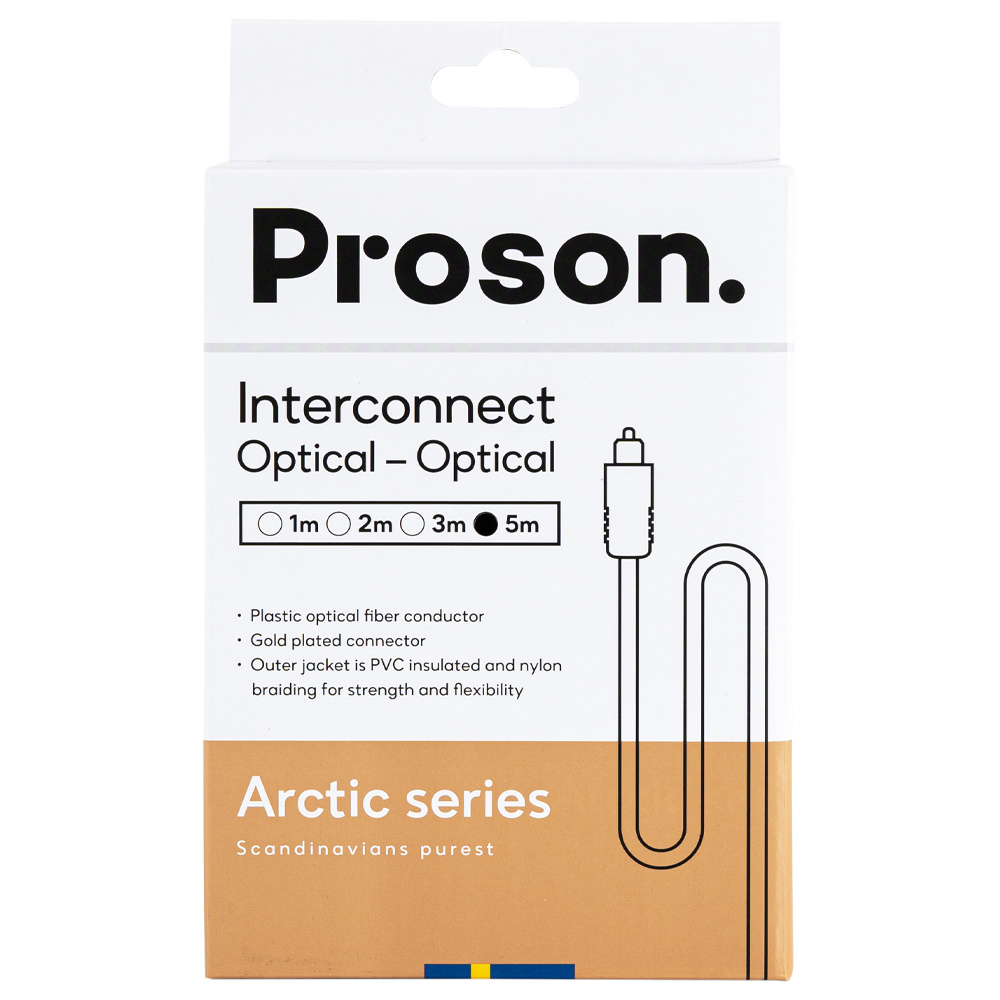 Förpackning av Proson Arctic optisk kabel, 5 meter, med detaljerad produktinformation.