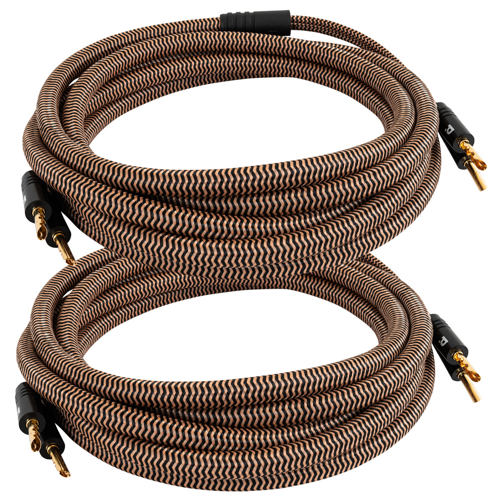 Högtalarkabel, 2x3,5 meter, svart och brun zigzagdesign, terminerad.