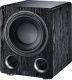 Magnat Alpha RS12 subwoofer, svart Svart subwoofer med en stor högtalardrivrutin och två basportar.